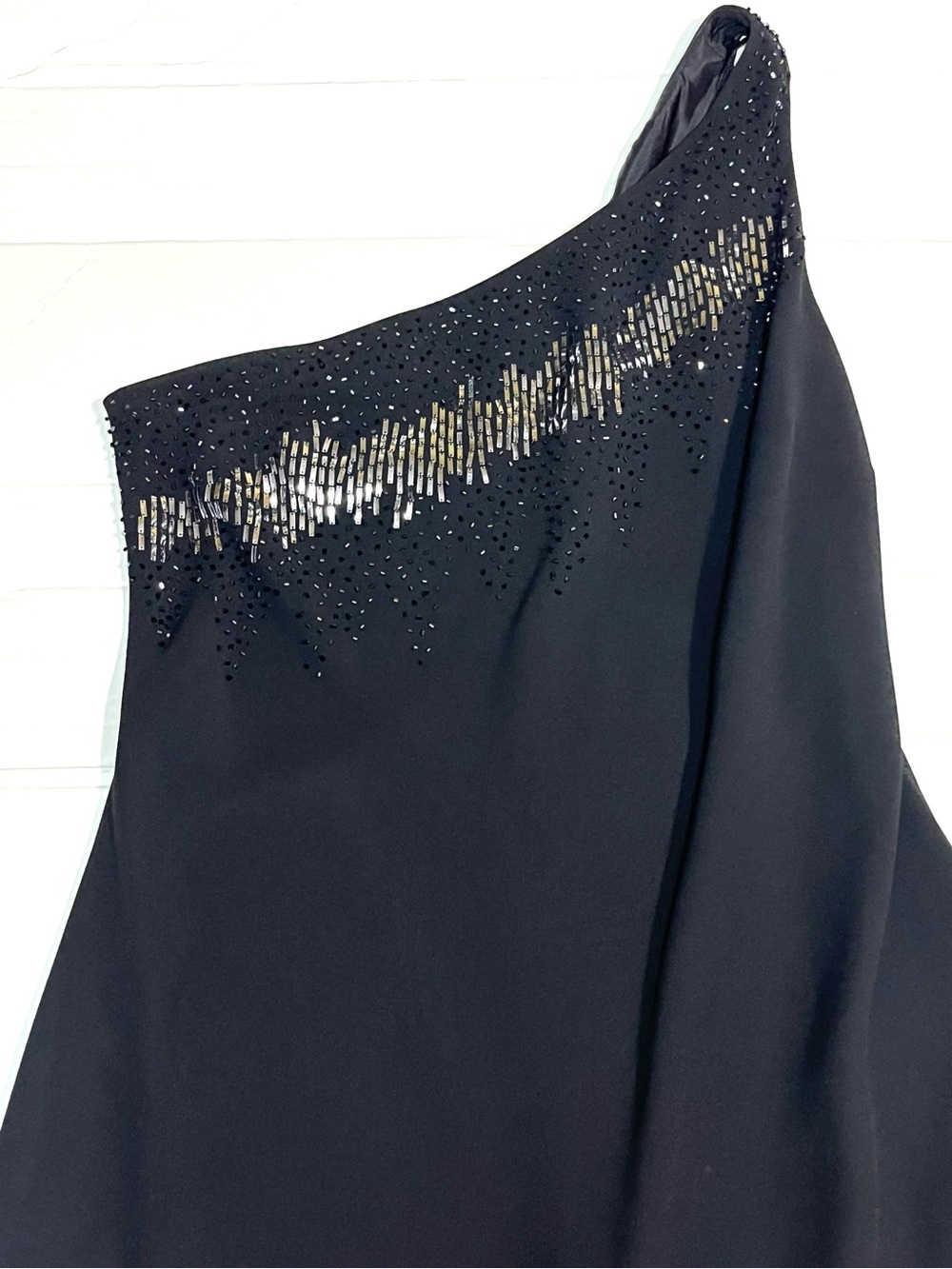One-Shoulder Black Evening Dress with Sequin Trim